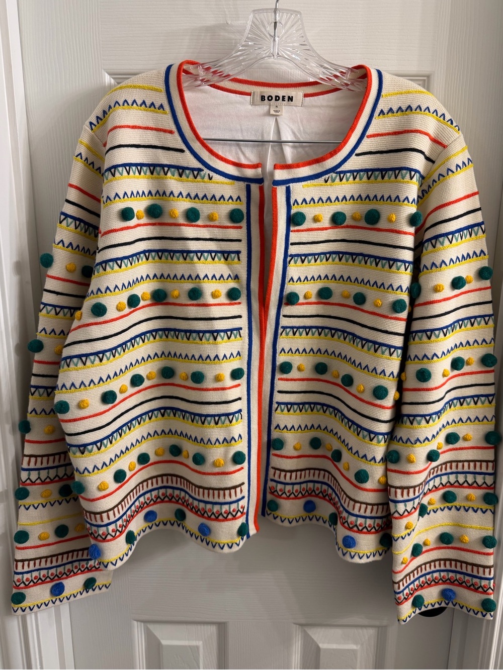 Boden Cream Multicolor Pom-Trim Knit Cardigan